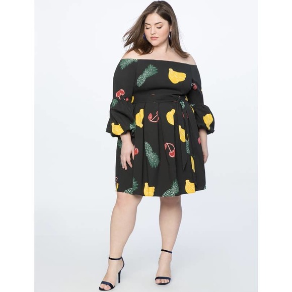 Eloquii Dresses & Skirts - Eloquii Off the Shoulder Balloon Sleeve Dress Black Fruit Print Size 16